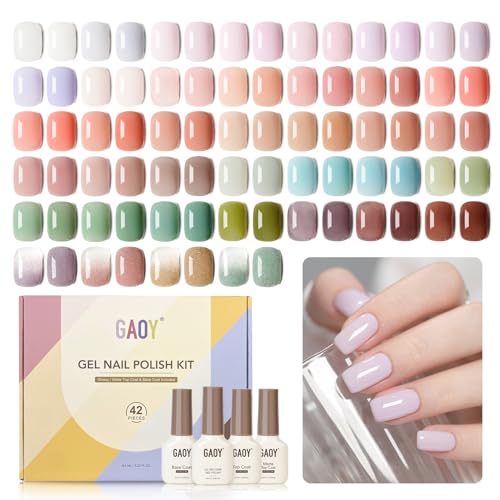 42 Pcs Gel Nail Polish Kit, Pink White Red Jelly Nude Colors All Seasons Gel Nail Polish Set with Glossy & Matte Top Coat and Base Coat for Salon and DIY Manicure at Home