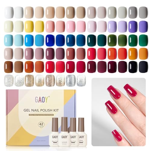 42 Pcs Gel Nail Polish Kit, Pink White Red Jelly Nude Colors All Seasons Gel Nail Polish Set with Glossy & Matte Top Coat and Base Coat for Salon and DIY Manicure at Home