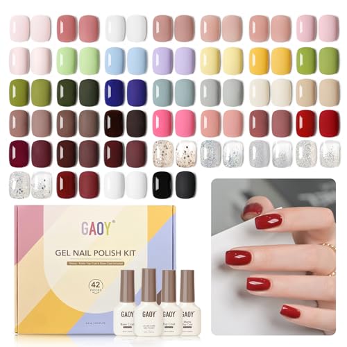 42 Pcs Gel Nail Polish Kit, Pink White Red Jelly Nude Colors All Seasons Gel Nail Polish Set with Glossy & Matte Top Coat and Base Coat for Salon and DIY Manicure at Home