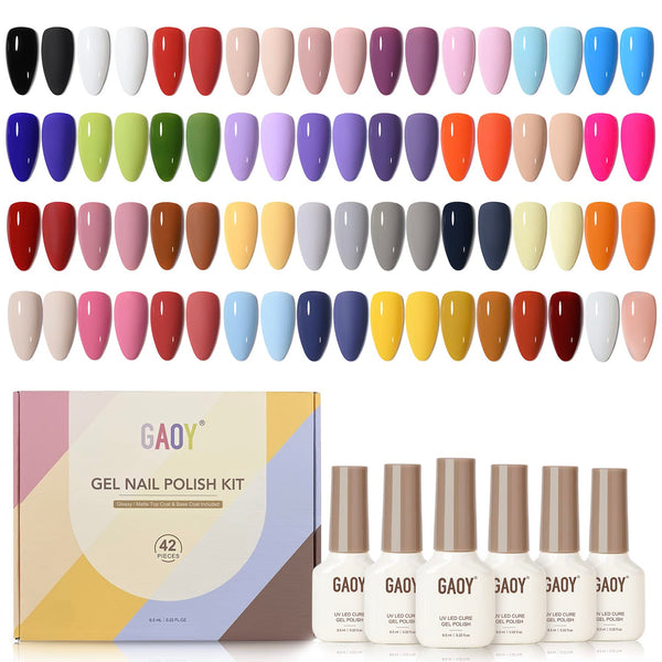 42 Pcs Gel Nail Polish Kit, Pink White Red Jelly Nude Colors All Seasons Gel Nail Polish Set with Glossy & Matte Top Coat and Base Coat for Salon and DIY Manicure at Home