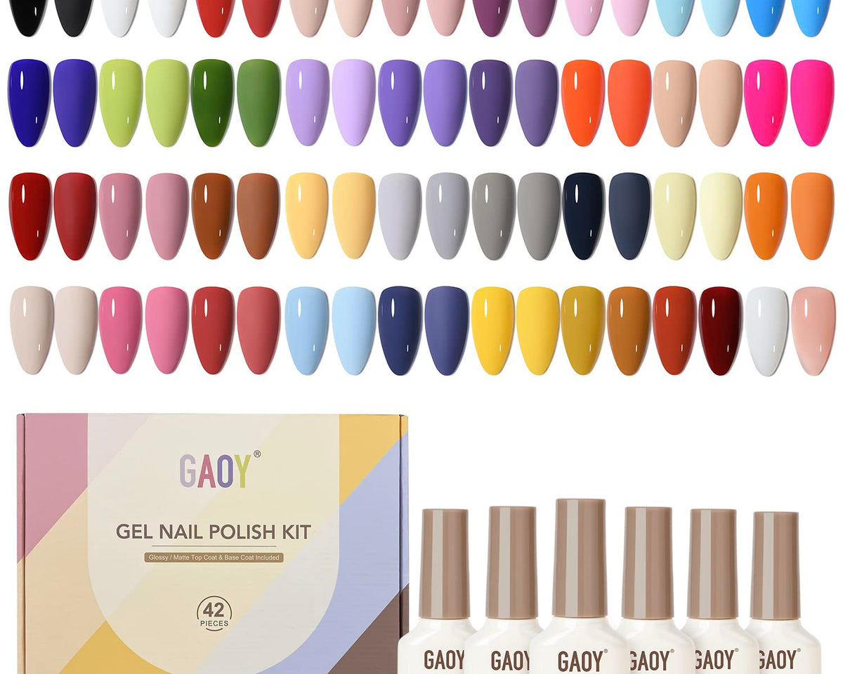 42 Pcs Gel Nail Polish Kit, Pink White Red Jelly Nude Colors All Seasons Gel Nail Polish Set with Glossy & Matte Top Coat and Base Coat for Salon and DIY Manicure at Home