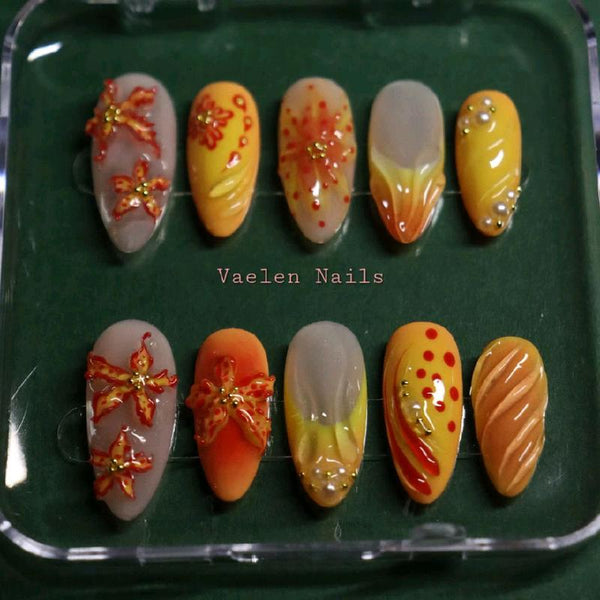 Flame Lily Inspired Handmade Presson Nails